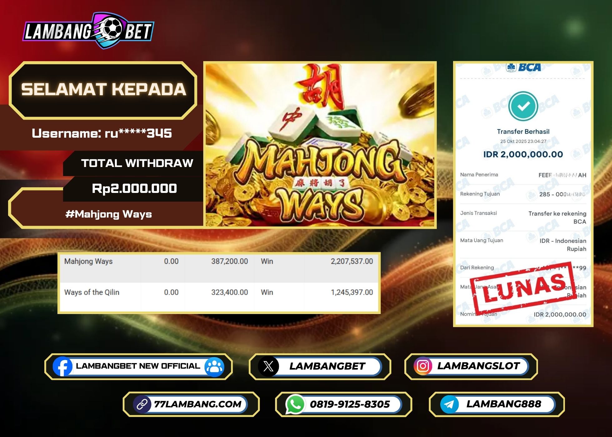 LAMBANGBET [25 OKTOBER 2025] JACKPOT SLOT Mahjong Ways "Rp2.000.000" LUNAS